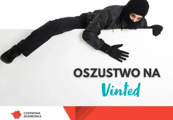 Złodziej w masce na białym tle, tekst "Oszustwo na Vinted". Uważaj na oszustów, by nie mieć zablokowane konto na Vinted na stałe.