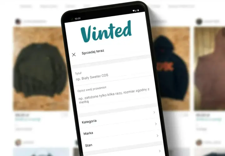 Telefon z aplikacją Vinted, gdzie można sprzedawać ubrania. Idealne rozwiązanie dla firm chcących dotrzeć do nowych klientów.