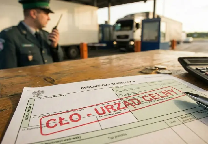 Na stole leży deklaracja celna z pieczątką "CŁO - URZĄD CELNY". W tle celnik z radiotelefonem i ciężarówka.