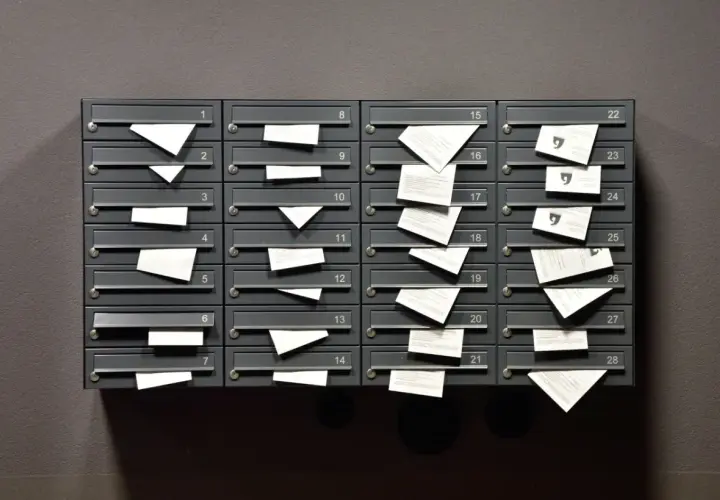 Rząd szarych skrzynek pocztowych z numerami, w których widać wystające białe koperty i kartki.