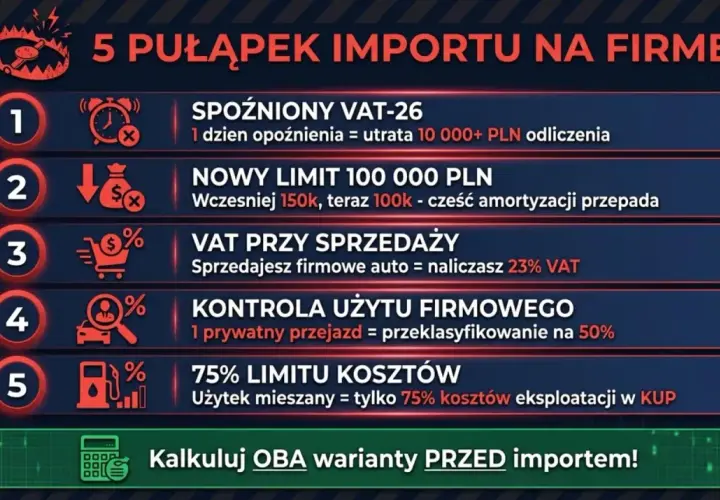 Grafika przedstawia 5 pułapek importu dla firm: spóźniony VAT, nowy limit, VAT przy sprzedaży, kontrola użycia firmowego i limit kosztów.