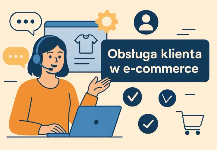 Obsługa klienta w e-commerce: konsultantka z zestawem słuchawkowym przy laptopie, ikony czatu, koszyka i zaznaczeń.