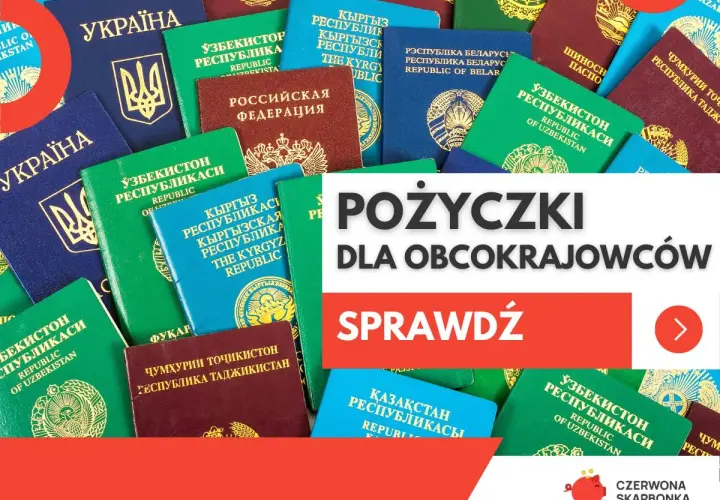Paszporty różnych krajów, w tym Ukrainy, Uzbekistanu i Rosji, symbolizują dostępność pożyczki dla obcokrajowców.