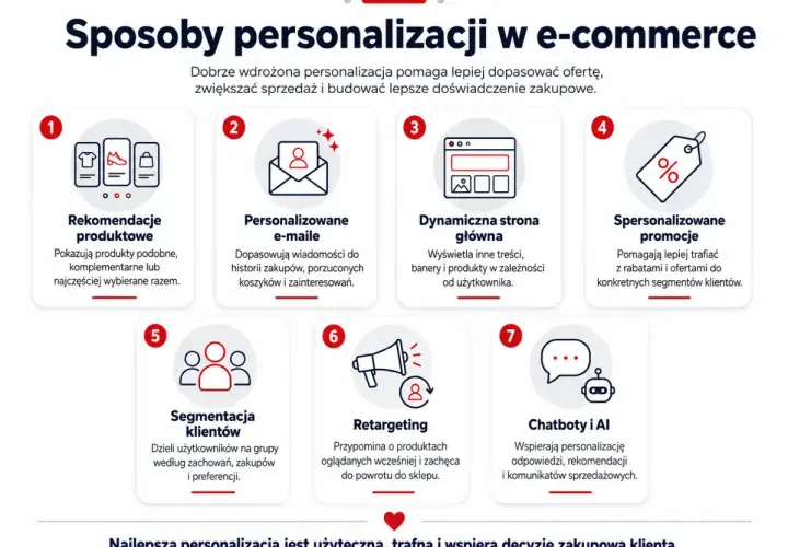 Siedem sposobów na personalizację produktu w e-commerce: rekomendacje, e-maile, dynamiczna strona, promocje, segmentacja, retargeting, chatboty i AI.