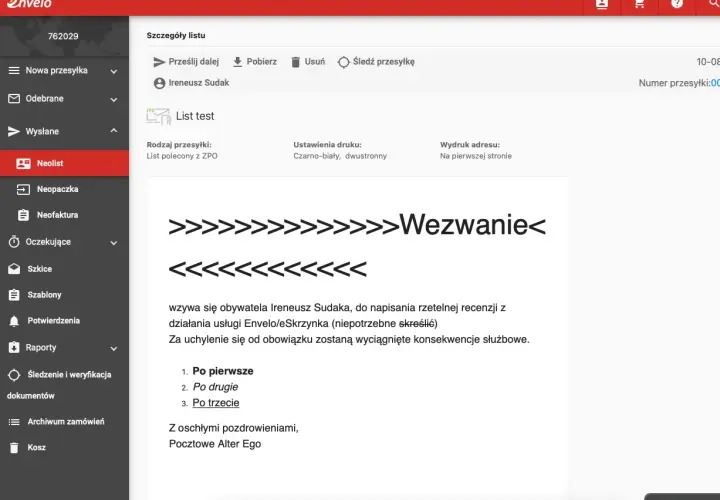 List polecony z ZPO dla Ireneusza Sudaka. Czy list polecony trzeba podpisać? To wezwanie do napisania recenzji.