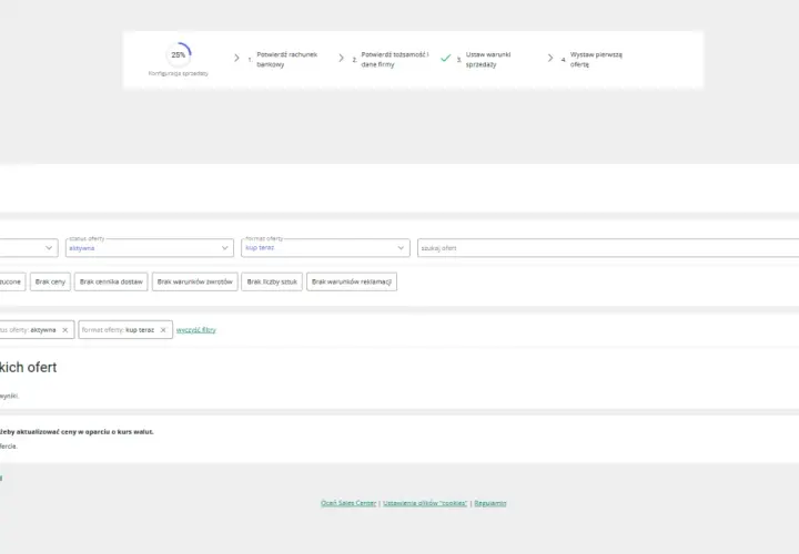 Panel zarządzania ofertami na marketplace. Widzisz tu kroki do rozpoczęcia sprzedaży, filtry ofert i przycisk "Dodaj nową ofertę".