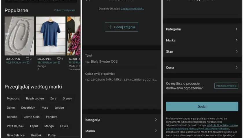Ekran aplikacji Vinted pokazujący proces dodawania przedmiotu. Widzimy pola do wpisania tytułu, opisu, kategorii, marki i ceny, co ułatwia naukę jak sprzedawać na Vinted.