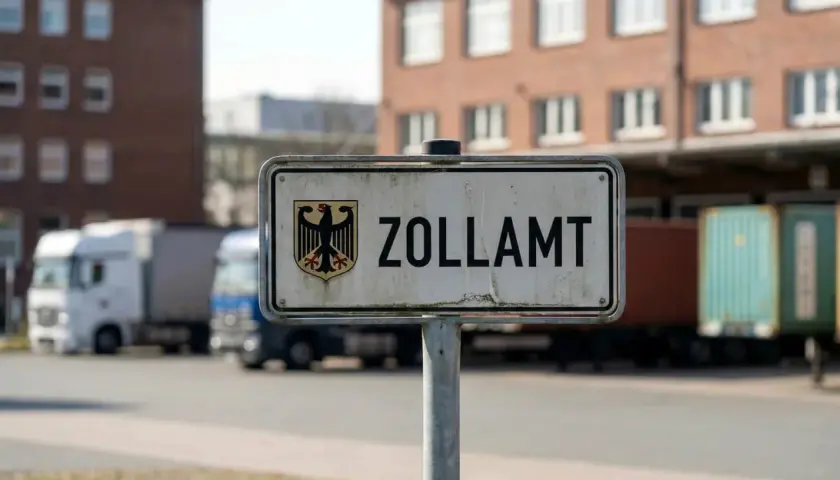 Tablica "ZOLLAMT" z godłem Niemiec przed budynkiem i ciężarówkami. Tu sprawdzany jest cło.
