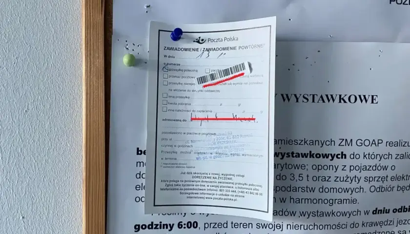 Zawiadomienie o przesyłce poleconej z Poczty Polskiej. Dokument zawiera informacje o odbiorze przesyłki, adresacie i terminie odbioru.