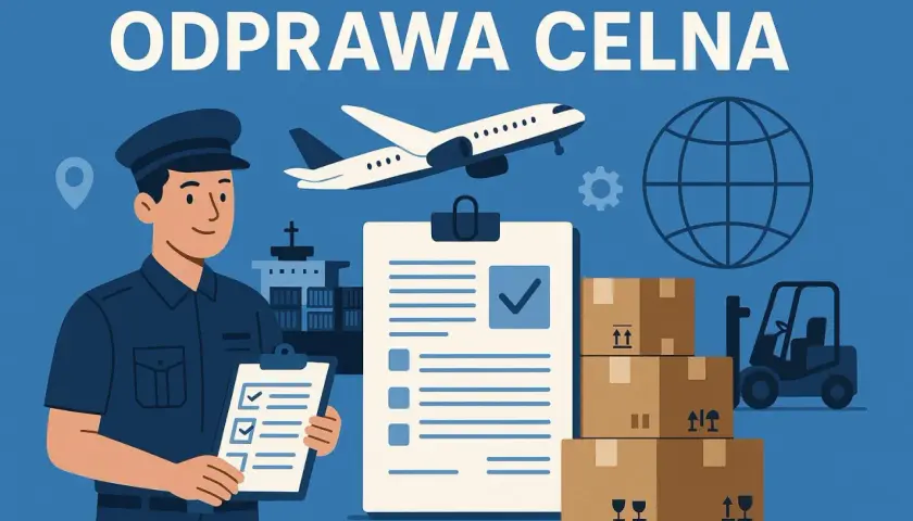 Celnik z dokumentami, samolot, statek, globus i paczki. Odprawa celna zakończona, co to znaczy? To pomyślne przejście towarów przez kontrolę.
