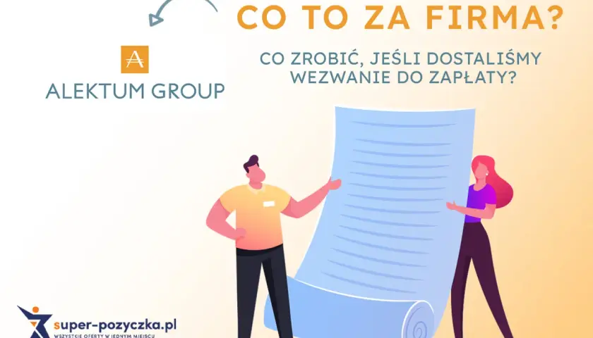 Ostrzeżenie przed alektum group oszuści. Dwie postacie analizują dokument, sugerując problemy z wezwaniem do zapłaty.