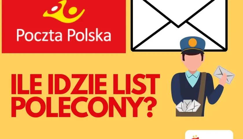 Poczta Polska: ile idzie list polecony priorytetowy? Grafika z listonoszem i kopertą.