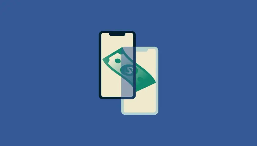 Dwa telefony komórkowe, jeden na drugim, z zielonym banknotem i symbolem dolara. Czy PayPal jest bezpieczny?