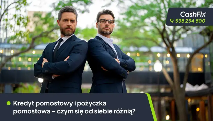 Dwóch mężczyzn w garniturach, gotowych pomóc w uzyskaniu pożyczki pomostowej.