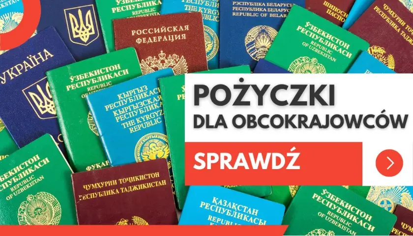 Paszporty różnych krajów, w tym Ukrainy, Uzbekistanu i Rosji, symbolizują dostępność pożyczki dla obcokrajowców.