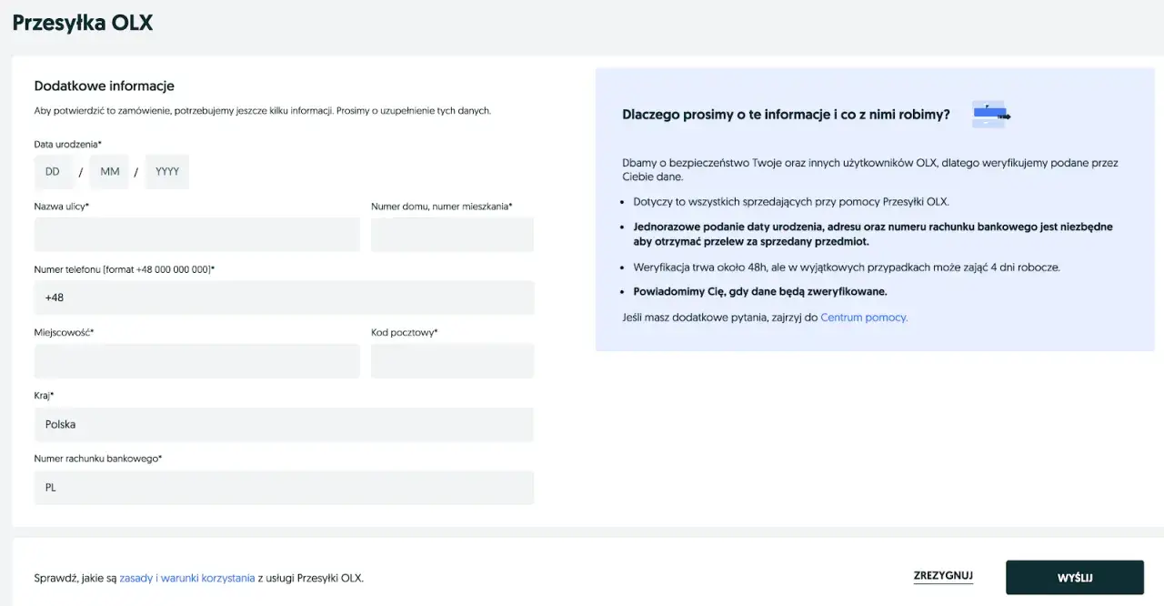Formularz do uzupełnienia danych do Przesyłki OLX: data urodzenia, adres, numer telefonu i konta bankowego.