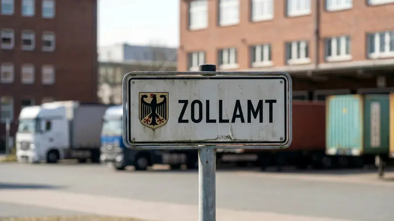 Tablica "ZOLLAMT" z godłem Niemiec przed budynkiem i ciężarówkami. Tu sprawdzany jest cło.
