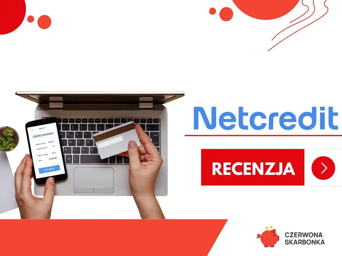 Ręce trzymają kartę i telefon z podsumowaniem zamówienia. Logo Netcredit i przycisk "Recenzja" sugerują szybkie zakupy online.