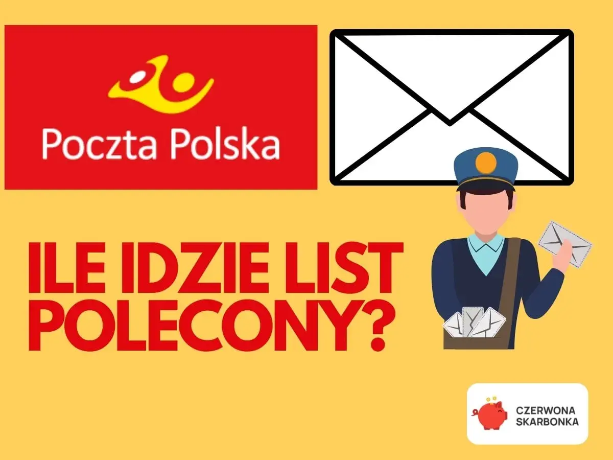 Poczta Polska: ile idzie list polecony priorytetowy? Grafika z listonoszem i kopertą.