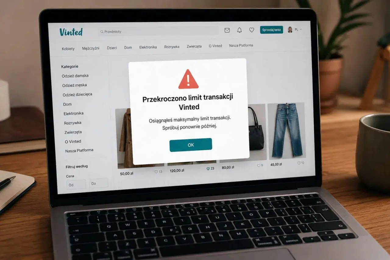 Awaria Vinted: przekroczono limit transakcji. Komunikat na ekranie laptopa informuje o osiągnięciu maksymalnego limitu.