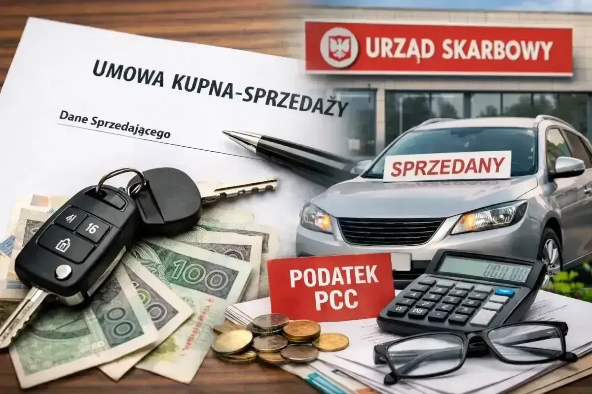Umowa kupna-sprzedaży auta, kluczyki, pieniądze i kalkulator. Podatek PCC to opłata, którą trzeba uiścić w Urzędzie Skarbowym.