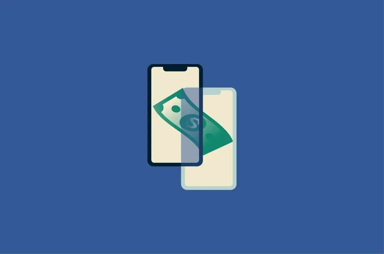 Dwa telefony komórkowe, jeden na drugim, z zielonym banknotem i symbolem dolara. Czy PayPal jest bezpieczny?