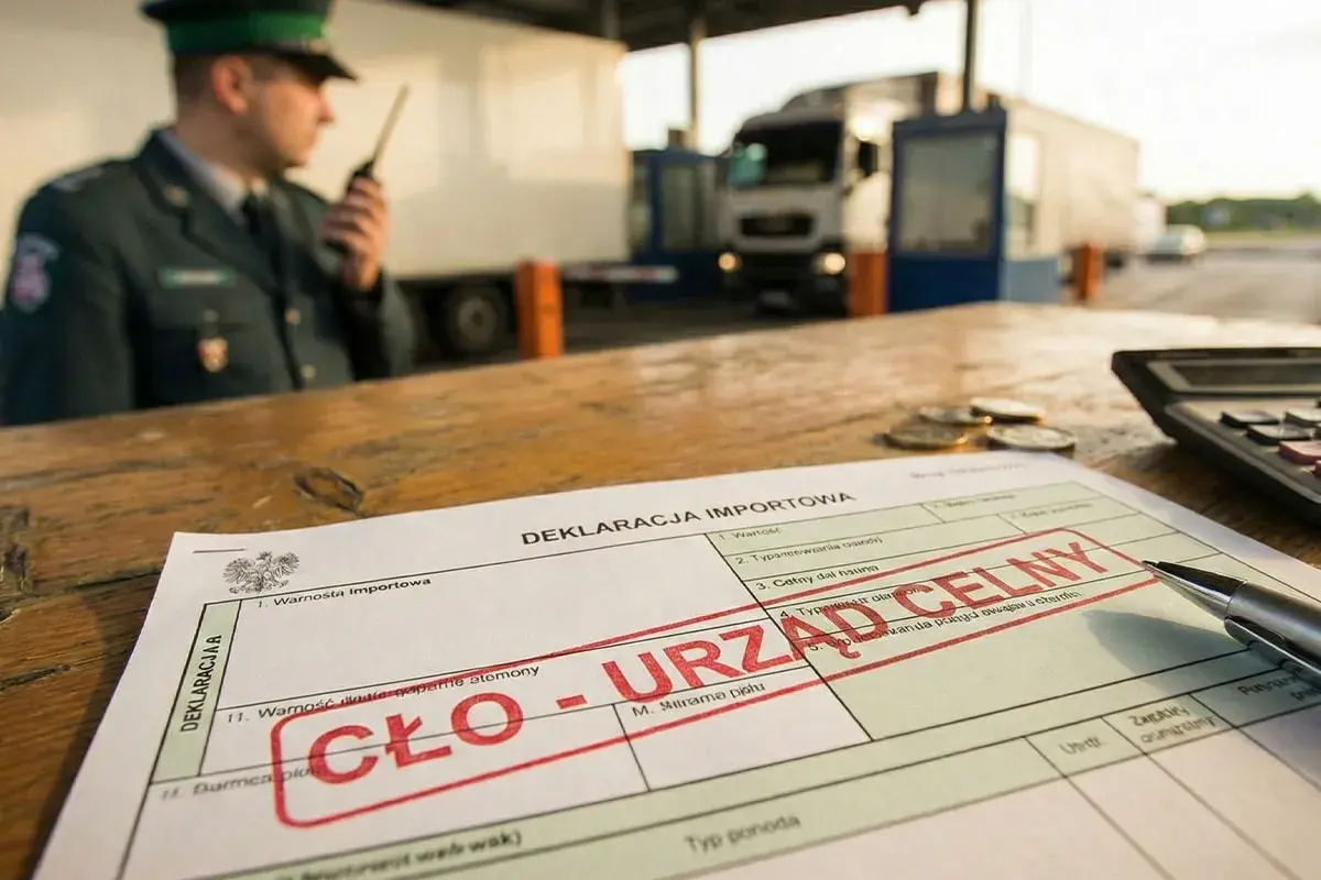 Na stole leży deklaracja celna z pieczątką "CŁO - URZĄD CELNY". W tle celnik z radiotelefonem i ciężarówka.