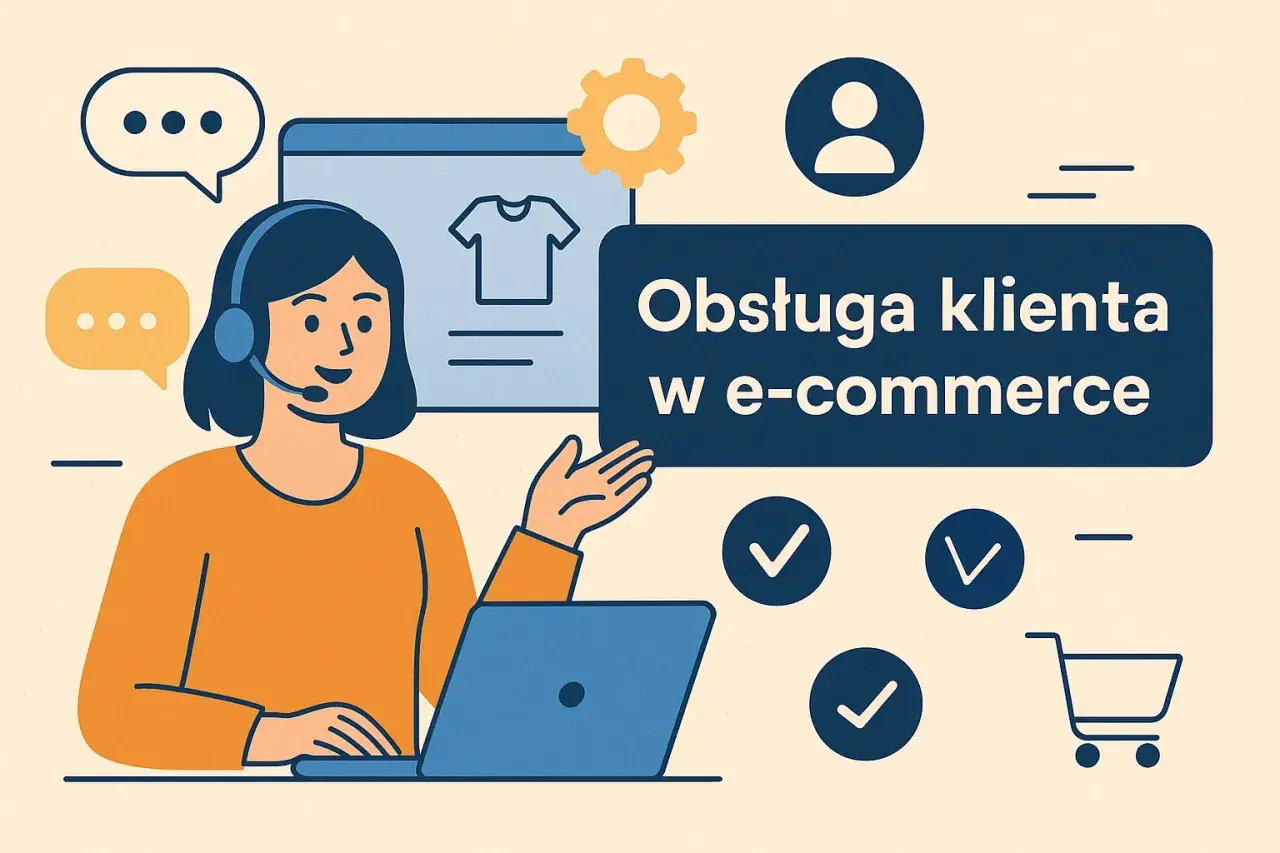 Obsługa klienta w e-commerce: konsultantka z zestawem słuchawkowym przy laptopie, ikony czatu, koszyka i zaznaczeń.