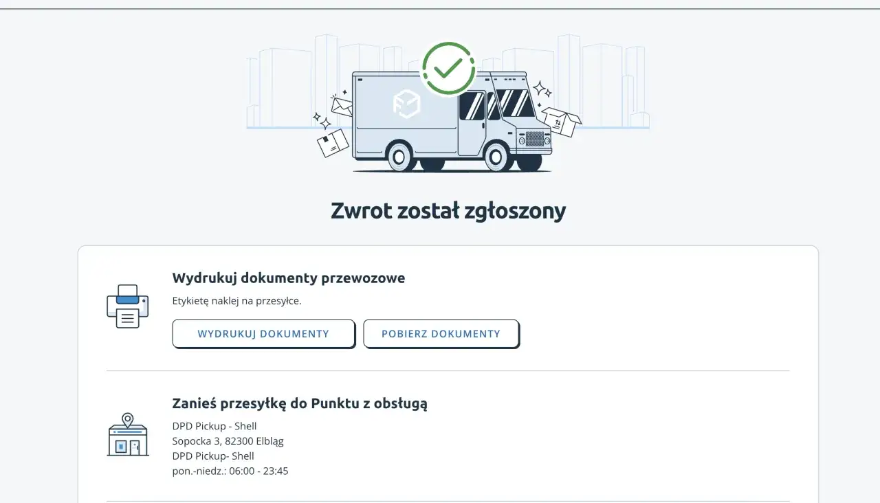 Potwierdzenie zgłoszenia zwrotu w sklepie internetowym. Wydrukuj etykietę i zanieś paczkę do punktu DPD.