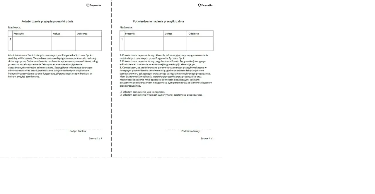 Protokół szkody: potwierdzenie przyjęcia i nadania przesyłki. Dokument zawiera dane nadawcy, odbiorcy, usługi oraz informacje o przetwarzaniu danych osobowych.