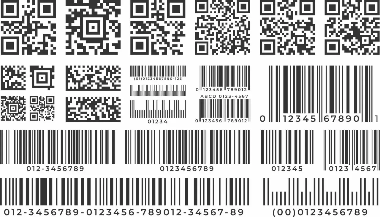 Różne rodzaje kodów kreskowych i QR, w tym przykłady z numerami ean.