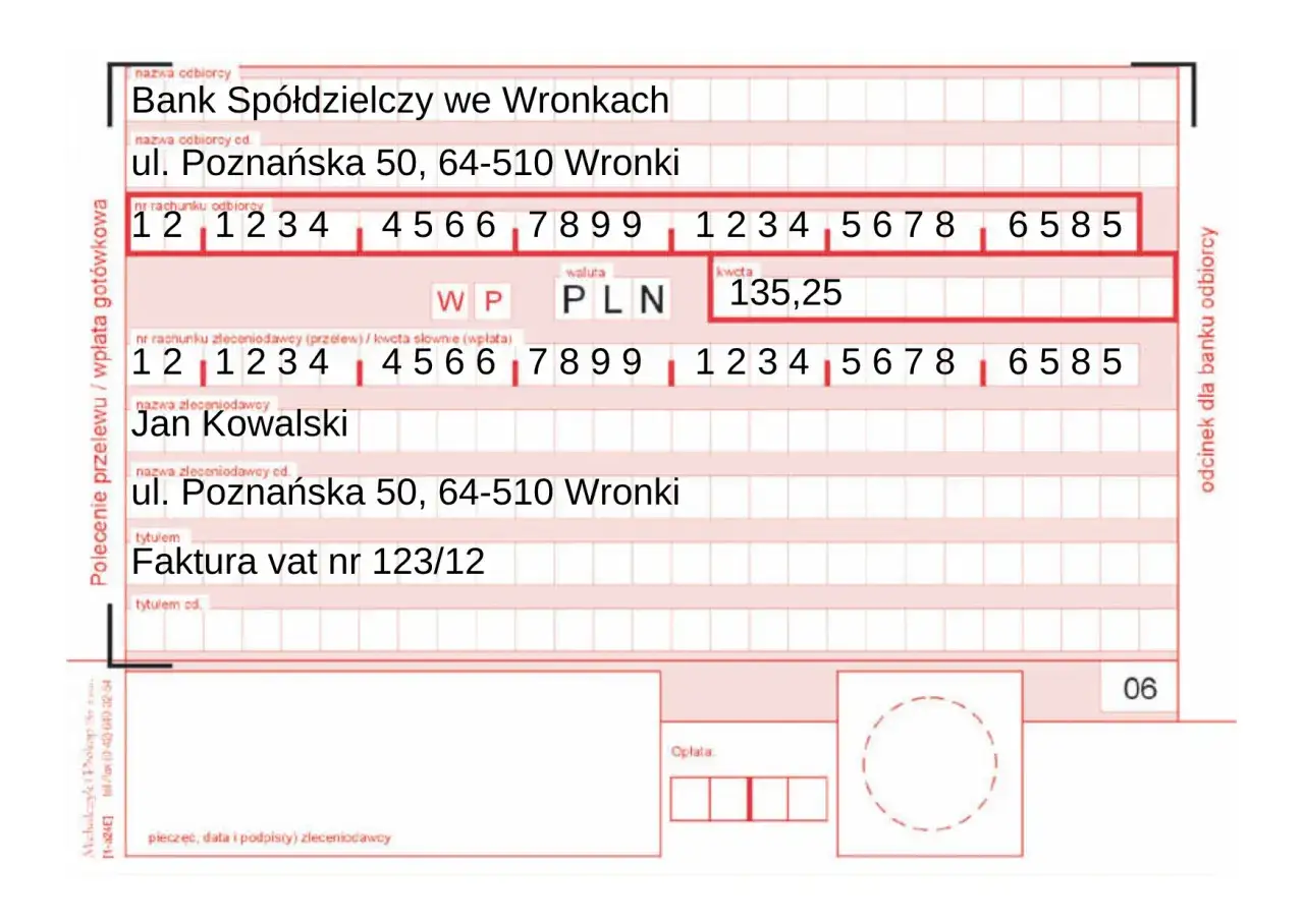 Przelew dla kolegi: Faktura vat nr 123/12. Jan Kowalski, ul. Poznańska 50, 64-510 Wronki, kwota 135,25 PLN.
