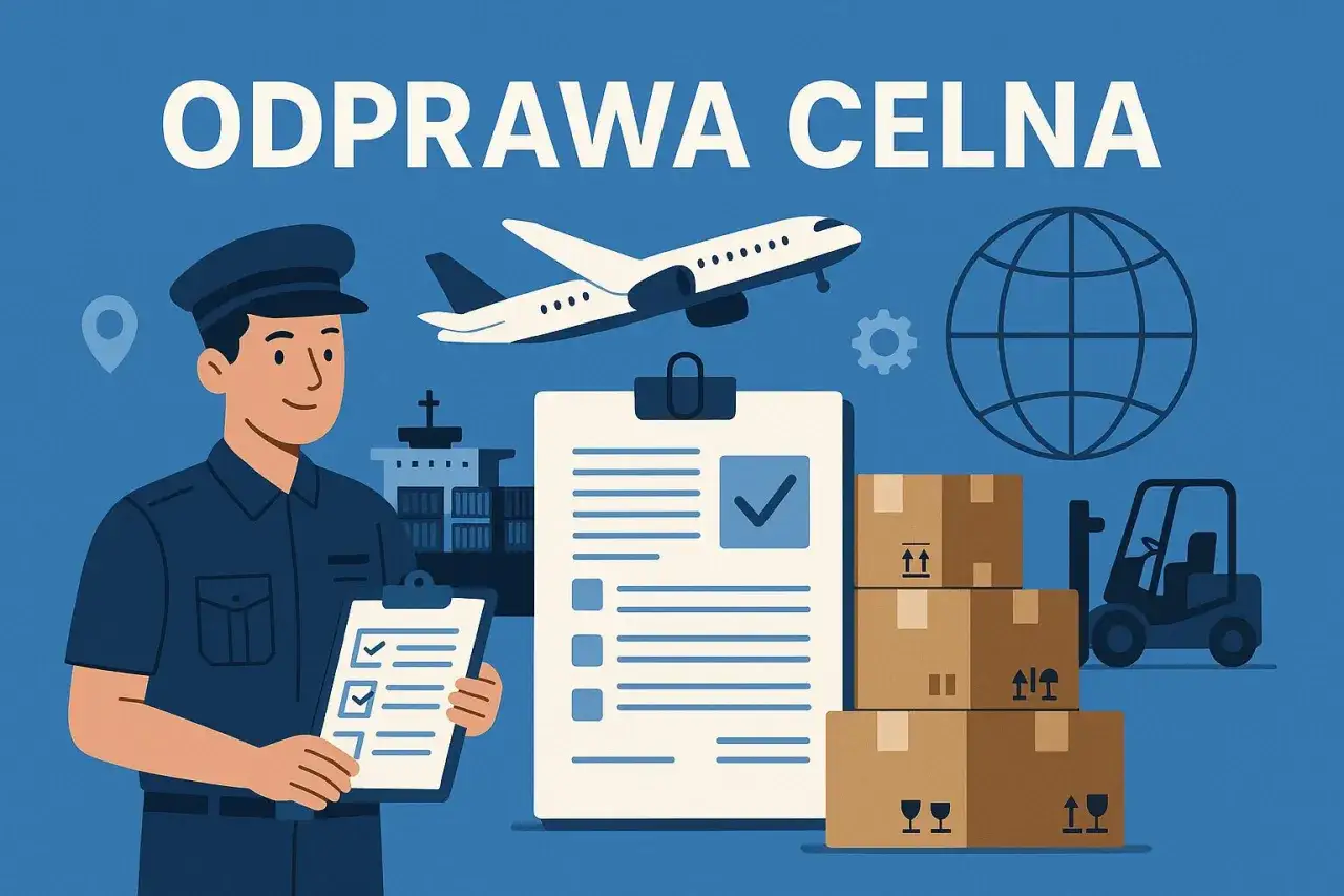 Celnik sprawdza dokumenty przy odprawie celnej. W tle samolot, statek, globus i wóz widłowy z paczkami.