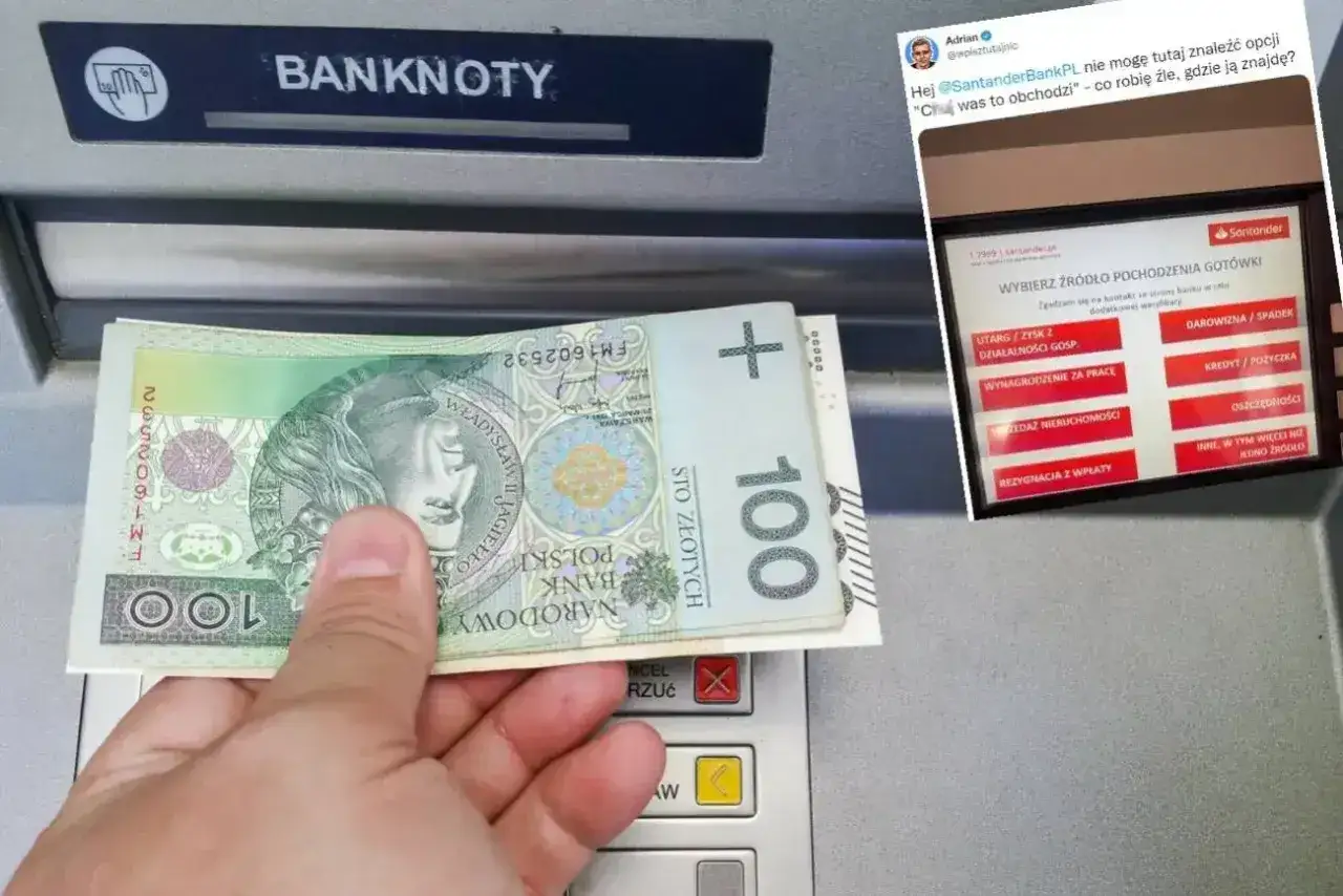 Ręka trzyma banknot 100 zł przy wpłatomacie. Na ekranie widać opcje wyboru źródła gotówki, ale nie ma informacji, ile można wpłacić we wpłatomacie.