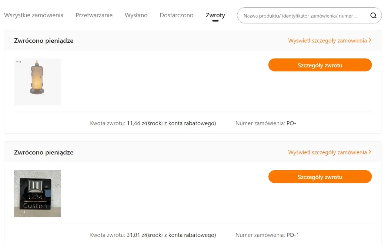 Zwroty: świeca LED i tabliczka z numerem domu. Jak zrobic zwrot na temu? Kliknij 