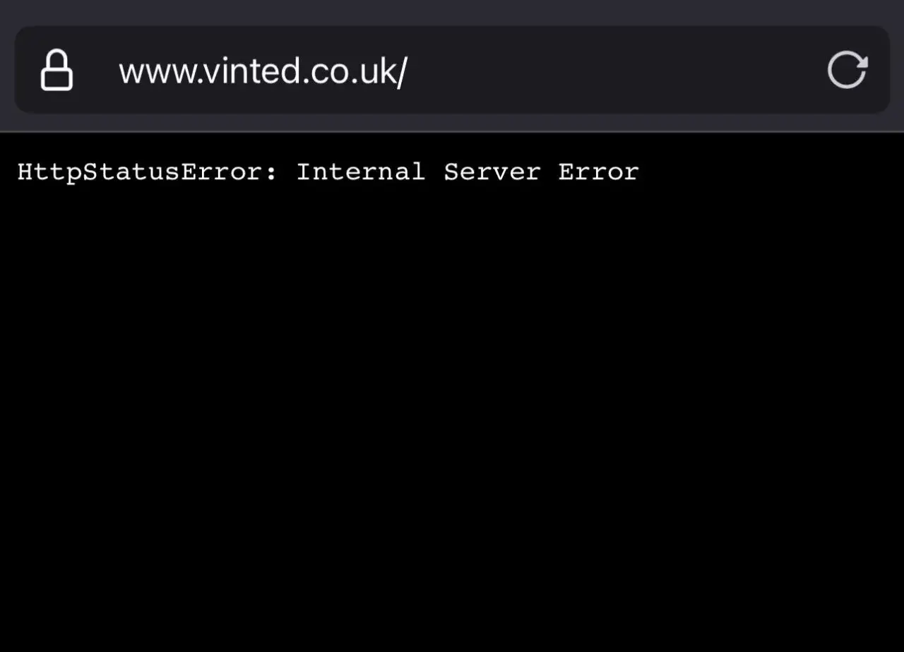 Komunikat błędu na stronie Vinted: Http status error: Internal server error. Awaria Vinted uniemożliwia korzystanie z serwisu.