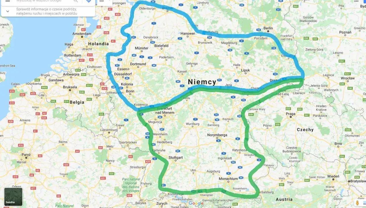 Trasa z Niemiec do Polski: zielona linia pokazuje krótszą trasę, niebieska dłuższą. Sprawdź, ile idzie paczka z Niemiec do Polski.