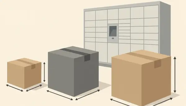 Trzy paczki o różnych wymiarach stoją przed automatem paczkowym. Strzałki wskazują ich szerokość i wysokość.